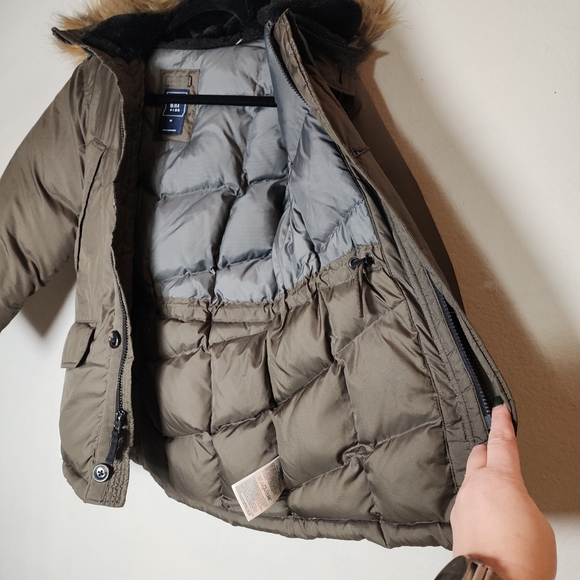 Gap Kids Warmest Down Fill Parka Green Coat Removable Faux Fur Trim Size Medium - Picture 6 of 16